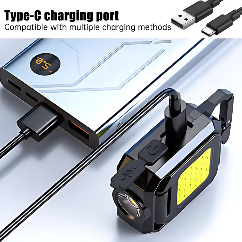 Ultra Bright Mini Flashlight Keychain with 90° Foldable COB Side Lights - USB Rechargeable Portable Lantern