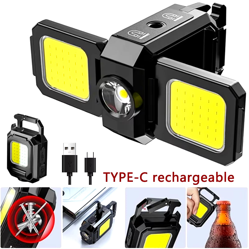 Ultra Bright Mini Flashlight Keychain with 90° Foldable COB Side Lights - USB Rechargeable Portable Lantern