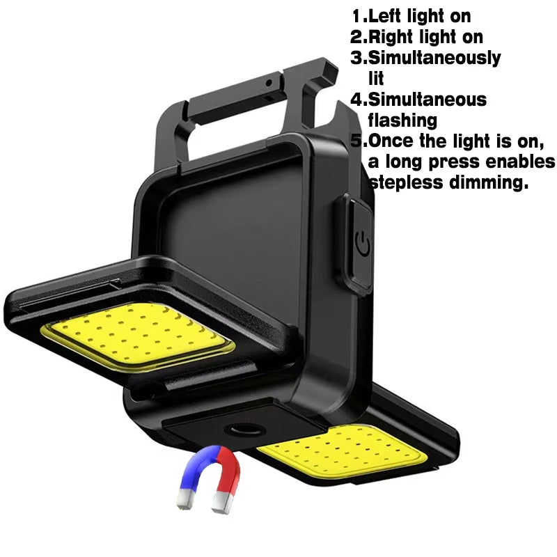 Ultra Bright Mini Flashlight Keychain with 90° Foldable COB Side Lights - USB Rechargeable Portable Lantern