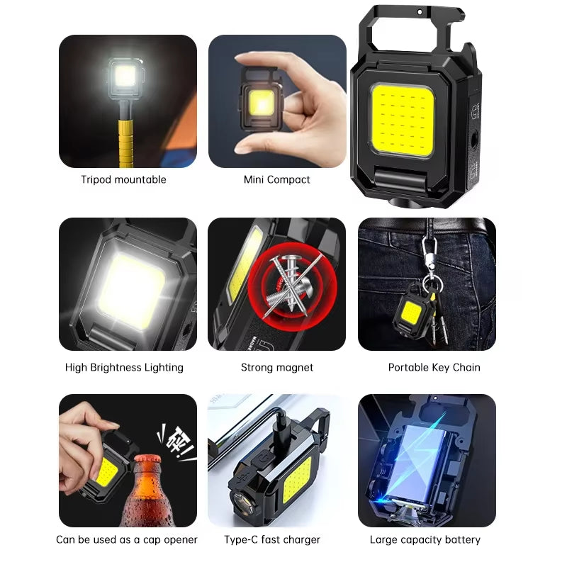 Ultra Bright Mini Flashlight Keychain with 90° Foldable COB Side Lights - USB Rechargeable Portable Lantern